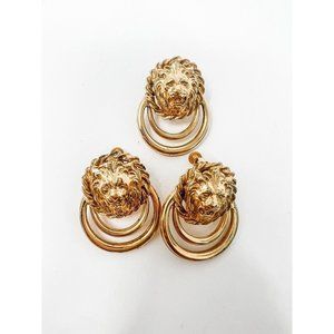 Vintage Gold Tone Lion Door Knocker Clip-On Crew Back Earrings Unsigned